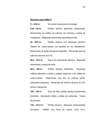134
Resumen pozo DSB-17
0 – 4,56 m: No existe recuperación de testigo.
4,56 – 45 m: Pórfido dacítico altamente meteorizado.
Remanentes de vetillas de sulfuros con limonita y óxidos de
manganeso. Magnetita diseminada esporádicamente.
45 – 58,2 m: Pórfido dacítico con alteración clorítica.
Vetillas de cuarzo-calcita con epidota en los alrededores.
Diseminado de pirita-calcopirita-magnetita. Porcentaje total de
sulfuros menores al 0,1%.
58,2 – 59,4 m: Dique de composición dacítica. Magnetita
diseminada y trazas de pirita.
59,4 – 106 m: Pórfido dacítico silicificado. Minerales
máficos alterados a clorita y epidota rodeando a las vetillas de
cuarzo-calcita. Diseminado muy fino de sulfuros (pirita-
calcopirita-magnetita). Porcentaje de sulfuros alcanza el 0,2%
(pirita>>calcopirita).
106 – 140 m: Zona de falla, pórfido dacítico fuertemente
brechado. Abundante arcilla y vetillas de carbonato. Trazas
de pirrotina.
140 – 157,2 m: Pórfido dacítico. Alteración clorita-epidota
pervasiva. Vetillas muy finas de cuarzo (<0,5 mm.).
 