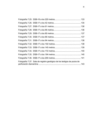 XI
Fotografía 7.25. DSB-16 a los 220 metros................................................ 133
Fotografía 7.26. DSB-17 a los 42 metros.................................................. 135
Fotografía 7.27. DSB-17 a los 61 metros.................................................. 136
Fotografía 7.28. DSB-17 a los 66 metros.................................................. 136
Fotografía 7.29. DSB-17 a los 80 metros.................................................. 137
Fotografía 7.30. DSB-17 a los 86 metros.................................................. 137
Fotografía 7.31. DSB-17 a los 94 metros.................................................. 138
Fotografía 7.32. DSB-17 a los 102 metros................................................ 138
Fotografía 7.33. DSB-17 a los 145 metros................................................ 139
Fotografía 7.34. DSB-17 a los 172 metros................................................ 140
Fotografía 7.35. DSB-17 a los 194 metros................................................ 140
Fotografía 7.36. DSB-17 a los 200 metros................................................ 141
Fotografía 7.37. Sala de registro geológico de los testigos de pozos de
perforación diamantina. ............................................................................. 143
 