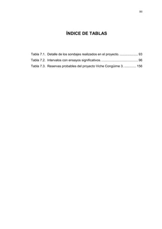 XII
ÍNDICE DE TABLAS
Tabla 7.1. Detalle de los sondajes realizados en el proyecto. .................... 93
Tabla 7.2. Intervalos con ensayos significativos......................................... 96
Tabla 7.3. Reservas probables del proyecto Viche Congüime 3. ............. 156
 