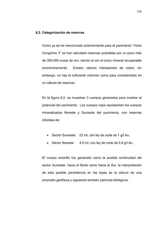 159
8.2. Categorización de reservas
Como ya se ha mencionado anteriormente para el yacimiento “Viche
Congüime 3” se han calculado reservas probables por un poco más
de 300,000 onzas de oro, siendo el oro el único mineral recuperable
económicamente. Existen valores interesantes de cobre, sin
embargo, no hay el suficiente volumen como para considerarlos en
un cálculo de reservas.
En la figura 8.2. se muestran 3 cuerpos generados para mostrar el
potencial del yacimiento. Los cuerpos rojos representan los cuerpos
mineralizados Noreste y Suroeste del yacimiento, con reservas
inferidas de:
• Sector Suroeste: 23 mt, con ley de corte de 1 g/t Au.
• Sector Noreste: 4.9 mt, con ley de corte de 0.9 g/t Au.
El cuerpo amarillo fue generado como la posible continuidad del
sector Suroeste, hacia al Norte como hacia el Sur, la interpretación
de esta posible persistencia en las leyes se la obtuvo de una
anomalía geofísica y siguiendo también patrones litológicos.
 