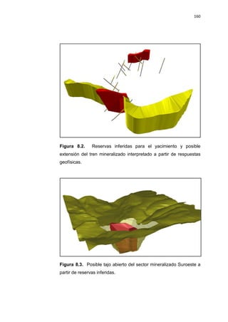 160
Figura 8.2. Reservas inferidas para el yacimiento y posible
extensión del tren mineralizado interpretado a partir de respuestas
geofísicas.
Figura 8.3. Posible tajo abierto del sector mineralizado Suroeste a
partir de reservas inferidas.
 