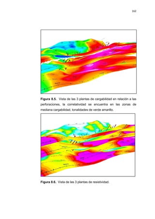 162
Figura 8.5. Vista de las 3 plantas de cargabilidad en relación a las
perforaciones, la correlatividad se encuentra en las zonas de
mediana cargabilidad, tonalidades de verde amarillo.
Figura 8.6. Vista de las 3 plantas de resistividad.
 