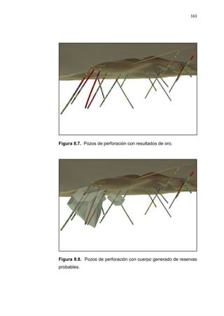 163
Figura 8.7. Pozos de perforación con resultados de oro.
Figura 8.8. Pozos de perforación con cuerpo generado de reservas
probables.
 
