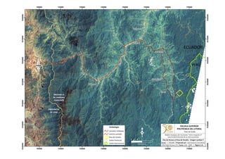 Loja
Zurmi
Zumbi
Paquisha
Zamora
Guayzimi
Yantzaza
700000
700000
710000
710000
720000
720000
730000
730000
740000
740000
750000
750000
760000
760000
770000
770000
9520000
9520000
9530000
9530000
9540000
9540000
9550000
9550000
9560000
9560000
9570000
9570000
9580000
9580000
0 105
Kilómetros
PROVINCIA
DE ZAMORA
CHINCHIPE
PERÚ
ECUADOR
PROVINCIA
DE LOJA
Simbología
Carretera Asfaltada
Camino Lastrado
Área de Estudio
Límite Provincial
Límite Internacional
ESCUELA SUPERIOR
POLITÉCNICA DEL LITORAL
Tesis de Grado
Escala
Vías de Acceso al Área de Estudio - Imagen Landsat 7
Fecha: Julio - 2009
1 : 250,000 Preparado por: José Antonio Cires Morán
UTM PSAD 56 Zona 17S
Modelo Geológico del Yacimiento "Viche Conguime 3"
para la determinación de su valor económico
Figura 1.4.
 