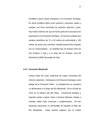 25
Cordillera Cutucú donde sobreyace a la Formación Santiago.
En dicha cordillera aflora como pizarras y areniscas, grises y
rosadas, con finos horizontes de anhidrita, dolomita y yeso.
Hay fuerte evidencia de que al menos parte de la secuencia es
equivalente a la Formación Santiago. En las dos unidades hay
canales turbidíticos de 10 a 20 metros de profundidad y 100
metros de ancho que contienen material pobremente sorteado
rico en volcanoclastos. La localidad tipo se localiza entre los
ríos Chapiza y Yapi y a lo largo del río Chapiza, unos 28
kilómetros al NNO del pueblo de Yapi.
3.2.3. Formación Misahuallí
Incluye todas las rocas volcánicas de origen continental del
cinturón subandino. Sobreyace a la Formación Santiago y está
debajo de la Formación Hollín. La localidad tipo se considera
un afloramiento a lo largo del Río Misahuallí, 10 km al Este de
Tena en el sistema del alto Napo. Comprende basaltos y
traquitas verdes a grises, tobas y brechas tobáceas violetas a
rosadas, lutitas rojas, areniscas y conglomerados. Se han
reportado estructuras en almohadilla de basaltos al Este del
Río Nangaritza. Estos autores sugieren que la unidad
 