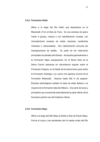 27
3.2.5. Formación Hollín
Aflora a lo largo del Río Hollín que desemboca en el
Misahuallí, 8 km al Este de Tena. Es una arenisca de grano
medio a grueso, maciza o con estratificación cruzada, con
intercalaciones escasas de lutitas arenosas, localmente
micáceas o carbonatadas. Son relativamente comunes las
impregnaciones de asfalto. Es parte de los reservorios
principales de petróleo del Oriente. Acompaña generalmente a
la Formación Napo suprayacente. En el flanco Este de la
Sierra Cutucú descansa en discordancia angular sobre la
Formación Chapiza, en el Oeste de la misma sierra yace sobre
la Formación Santiago y en varios ríos aparece encima de la
Formación Misahuallí. Alcanza hasta 200 m de espesor.
Estudios palinológicos señalan la base de edad Aptiana y la
mayoría de la formación data del Albiano. Una serie de lavas y
piroclastos que comprende esencialmente la parte inferior de la
formación podrían ser del Cretácico inferior.
3.2.6. Formación Napo
Aflora a lo largo del Alto Napo al Oeste y Este de Puerto Napo.
Forma el cauce y las pendientes del río desde arriba del Río
 