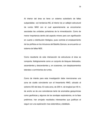 38
Al interior del área se tiene un sistema subsidiario de fallas
subparalelas con tendencia NS, al interior de un callejón estructural
de rumbo NNO con el cual aparentemente se encontrarían
asociadas las unidades portadoras de la mineralización. Como de
menor importancia dentro del aspecto minero pero con significación
en cuanto a distribución litológica, pues controla el emplazamiento
de los pórfidos en los intrusivos del Batolito Zamora, se encuentra un
sistema de fallas NEE.
Como resultante de esta intersección de estructuras el área se
comporta, litológicamente como un conjunto de bloques dislocados,
ascendentes y descendentes y, en ocasiones, con desplazamientos
laterales o corrimientos de rumbo.
Como de interés para esta investigación debe mencionarse una
zona de cizalla coincidente con el lineamiento NNO, ubicado al
extremo SO del área. En esta zona, de 200 m. de longitud por 40 m.
de ancho se da una coincidencia tanto de anomalías geoquímicas
como geofísicas y algunos de los sondajes exploratorios, en la fase
preliminar, han arrojado resultados interesantes que justifican el
seguir con una exploración mas sistemática y detallada.
 
