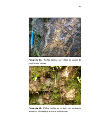 47
Fotografía 5.5. Pórfido dacítico con vetillas de cuarzo de
considerable espesor.
Fotografía 5.6. Pórfido dacítico en contacto con un cuerpo
andesítico, afloramiento sumamente fracturado.
 