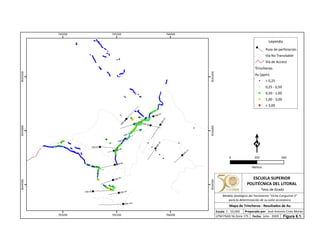 DSB-14A
DSB-05
DSB-07
DSB-04
DSB-12DSB-06
DSB-02
DSB-15
DSB-01
DSB-10
DSB-13
DSB-11
DSB-09
DSB-16
DSB-17
DSB-03
DSB-08
765000
765000
765500
765500
766000
766000
9544500
9544500
9545000
9545000
9545500
9545500
Leyenda
Pozo de perforación
Vía No Transitable
Vía de Acceso
Trincheras
Au (ppm)
< 0,25
0,25 - 0,50
0,50 - 1,00
1,00 - 3,00
> 3,00
0 500250
Metros
ESCUELA SUPERIOR
POLITÉCNICA DEL LITORAL
Tesis de Grado
Escala
Mapa de Trincheras - Resultados de Au
Fecha: Julio - 2009
1 : 10,000 Preparado por: José Antonio Cires Morán
UTM PSAD 56 Zona 17S
Modelo Geológico del Yacimiento "Viche Conguime 3"
para la determinación de su valor económico
Figura 6.1.
 
