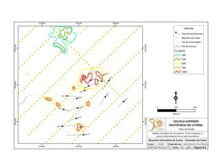 DSB-14A
DSB-05
DSB-07
DSB-04
DSB-12
DSB-06
DSB-02
DSB-15
DSB-01
DSB-10
DSB-13
DSB-11
DSB-09
DSB-16
DSB-17
DSB-03
DSB-08
765000
765000
765500
765500
766000
766000
9544500
9544500
9545000
9545000
9545500
9545500
Leyenda
Pozo de perforación
Muestra de Suelo
Vía No Transitable
Vía de Acceso
Cu (ppm)
200
500
600
700
1000
0 510255
Metros
ESCUELA SUPERIOR
POLITÉCNICA DEL LITORAL
Tesis de Grado
Escala
Muestreo Sistemático de Suelos - Anomalías de Cobre
Fecha: Julio - 2009
1 : 10,000 Preparado por: José Antonio Cires Morán
UTM PSAD 56 Zona 17S
Modelo Geológico del Yacimiento "Viche Conguime 3"
para la determinación de su valor económico
Figura 6.3.
 