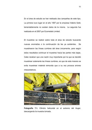 61
En el área de estudio se han realizado dos campañas de este tipo.
La primera tuvo lugar en el año 1997 por la empresa Valerie Gold,
lamentablemente no existen datos de la misma. La segunda fue
realizada en el 2007 por Ecometals Limited.
El muestreo se realizó sobre toda el área de estudio buscando
nuevas anomalías o la continuación de las ya existentes. Se
muestrearon las líneas cumbres del área únicamente, para según
estos resultados continuar el muestreo hacia las partes más bajas.
Cabe recalcar que una razón muy importante por la que se decidió
muestrear solamente las líneas cumbres, es que de esta manera se
evita muestrear material removido que a su vez provoca errores
interpretativos.
Fotografía 7.1. Cilindro helicoidal en el extremo del Auger,
descargando la muestra tomada.
 