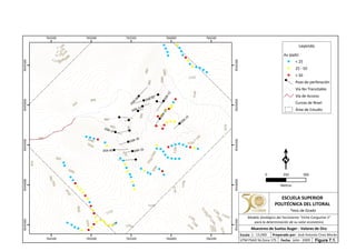 930
940
950
990
980
960
970
1070
1030
1020
1010
1000
920
910
900
890
880
11
60
1170
1180
1190
1200
1210
1220
870
1230
1
240
1250
12
6 0
1270
860
1280
1080
12
90
1090
1
1 0 01110
11 20
1
3 00
1
1
3
0
1 14
0
106
0
1040
1050
1150
1080
1150
1120
1110
1100
1
130
1140
1090
1110
1060
1040
DSB-05
DSB-04
DSB-12
DSB-02
DSB-15
DSB-10
DSB-13
DSB-11
DSB-16
DSB-17
764500
764500
765000
765000
765500
765500
766000
766000
766500
766500
9543500
9543500
9544000
9544000
9544500
9544500
9545000
9545000
9545500
9545500
Leyenda
Au (ppb)
< 25
25 - 50
> 50
Pozo de perforación
Vía No Transitable
Vía de Acceso
Curvas de Nivel
Área de Estudio
0 500250
Metros
ESCUELA SUPERIOR
POLITÉCNICA DEL LITORAL
Tesis de Grado
Escala
Muestreo de Suelos Auger - Valores de Oro
Fecha: Julio - 2009
1 : 15,000 Preparado por: José Antonio Cires Morán
UTM PSAD 56 Zona 17S
Modelo Geológico del Yacimiento "Viche Conguime 3"
para la determinación de su valor económico
Figura 7.1.
 