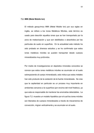 64
7.2. MMI (Metal Mobile Ion)
El método geoquímico MMI (Metal Mobile Ion) por sus siglas en
inglés, se refiere a los Iones Metálicos Móviles, este término es
usado para describir aquellos iones que se han transportado por la
zona de meteorización y que son debilitados o absorbidos por las
partículas de suelo en superficie. En la actualidad este método ha
sido probado en diversos estudios y se ha confirmado que estos
iones metálicos móviles se pueden transportar desde cuerpos
mineralizados muy profundos.
Por medio de investigaciones en depósitos minerales conocidos se
conoce que estos iones metálicos móviles se acumulan en el suelo
sobreyaciendo al cuerpo mineralizado, esto indica que estos metales
han sido producto de la oxidación de la fuente mineralizada. Se cree
que la capilaridad en particular es un proceso muy importante en
ambientes cercanos a la superficie (por encima del nivel freático), ya
que esta es responsable de mantener las anomalías detectables. La
figura 7.2. muestra un modelo hipotético por el cual los iones móviles
son liberados de cuerpos mineralizados a través de mecanismos de
convección, migran verticalmente y se acumulan en el suelo.
 
