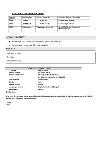 ACADEMIC QUALIFICATION:
Year of
passing
Qualification Board/ University School / College / Institute
2004 CLASS X W.B.B.S.E Kalara High School
2006 CLASS XII W.B.C.H.S.E Kalara High School
2009 Graduation Vidyasagar University Ghatal Rabindra Satabarsiki
Mahavidyalaya
ACCOMPLISHMENT
 Enthusiastic and committed to maintain quality and efficiency.
 An optimistic person and fully self-confident.
HOBBIES
Listening to music
Travelling
Internet Browsing
PERSONAL INFORMATION
Name : Kamal Paria
Father’s name : Mr. Kanai Paria
Permanent Address : Vil-Barjalal Pur,P.O-Kalara,
: Dis-Paschim MediniPur.Pin-721146
Date of Birth : 15/11/1988
Gender : Male
Marital Status : Single
Languages Known : English, Hindi, and Bengali.
Nationality : Indian
Declaration:
I, hereby declare that all the above furnished informationis true to the bestofmy knowledge and belief. I will
do the work sincerely for the company.
Place:
Date:
 