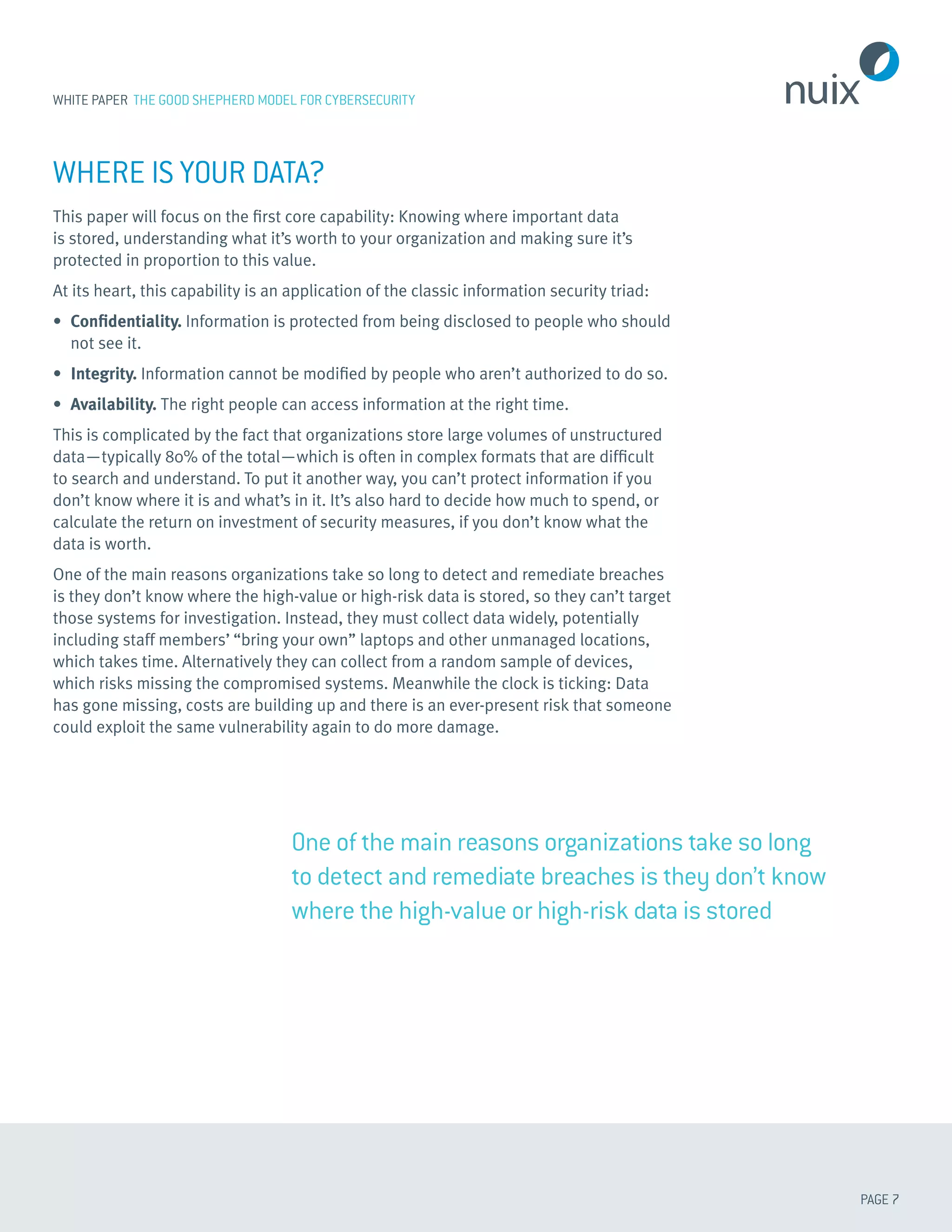 PAGE 7
WHITE PAPER THE GOOD SHEPHERD MODEL FOR CYBERSECURITY
WHERE IS YOUR DATA?
This paper will focus on the first core capability: Knowing where important data
is stored, understanding what it’s worth to your organization and making sure it’s
protected in proportion to this value.
At its heart, this capability is an application of the classic information security triad:
•	 Confidentiality. Information is protected from being disclosed to people who should
not see it.
•	 Integrity. Information cannot be modified by people who aren’t authorized to do so.
•	 Availability. The right people can access information at the right time.
This is complicated by the fact that organizations store large volumes of unstructured
data—typically 80% of the total—which is often in complex formats that are difficult
to search and understand. To put it another way, you can’t protect information if you
don’t know where it is and what’s in it. It’s also hard to decide how much to spend, or
calculate the return on investment of security measures, if you don’t know what the
data is worth.
One of the main reasons organizations take so long to detect and remediate breaches
is they don’t know where the high-value or high-risk data is stored, so they can’t target
those systems for investigation. Instead, they must collect data widely, potentially
including staff members’ “bring your own” laptops and other unmanaged locations,
which takes time. Alternatively they can collect from a random sample of devices,
which risks missing the compromised systems. Meanwhile the clock is ticking: Data
has gone missing, costs are building up and there is an ever-present risk that someone
could exploit the same vulnerability again to do more damage.
One of the main reasons organizations take so long
to detect and remediate breaches is they don’t know
where the high-value or high-risk data is stored
 
