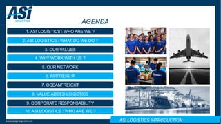 ASI LOGISTICS INTRODUCTIONwww.asigroup.com.cn
AGENDA
1. ASI LOGISTICS : WHO ARE WE ?
2. ASI LOGISTICS : WHAT DO WE DO ?
3. OUR VALUES
4. WHY WORK WITH US ?
5. OUR NETWORK
6. AIRFREIGHT
7. OCEANFREIGHT
8. VALUE ADDED LOGISTICS
9. CORPORATE RESPONSABILITY
10. ASI LOGISTICS : WHO ARE WE ?
 