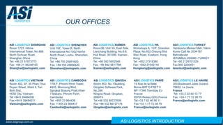 ASI LOGISTICS INTRODUCTIONwww.asigroup.com.cn
OUR OFFICES
ASI LOGISTICS SHANGHAI
Room 1703, Hitime
International Tower, No.888
North Sichuan Road,
Shanghai, China
Tel: +86 21 51873773
Fax: +86 21 36338163
Shanghai@asilogistic.com
ASI LOGISTICS SHENZHEN
Unit 10E, Tower B, Reith
International No.1002 Yanhe
North Road, Luohu, Shenzhen,
China
Tel: +86 755 25851600
Fax: +86 755 25856420
Shenzhen@asilogistic.com
ASI LOGISTICS XIAMEN
Room3B, Unit 3A, East Side,
Lianchang Building, No.6-8,
Huli Road, 361006, Xiamen ,
China
Tel: +86 592 5652548
Fax: +86 592 5617786
Xiamen@asilogistic.com
ASI LOGISTICS HK
Workshops A, 12/F, Grandion
Plaza, No.932 Cheung Sha
Wan Road, Kowloon, Hong
Kong
Tel: +852 27318380
Fax: +852 27543118
Hongkong@asilogistic.com
ASI LOGISTICS CAMBODIA
17th F, Phnom Penh Tower,
#445, Monivong Blvd,
Sangkat Boeung Pralit,Khan
7 Makara, Phnom Penh,
Cambodia
Tel: +855 23 964438
Fax: + 855 23 964437
Cambodia@asilogistic.com
ASI LOGISTICS VIETNAM
Room 402, 4F, 30 Phan Thuc
Duyen Street, Ward 4, Tan
Binh Dist,
HCM City, Vietnam
Tel:+84 8 39484030
Fax:+84 8 39484031
Vietnam@asilogistic.com
ASI LOGISTICS QINGDA
Room 903, No.1 Building,
Qingdao Software Park,
No.288
Ningxia Road, Qingdao,
266073
Tel:+86 532 88727609
Fax:+86 532 88727176
Qingdao@asilogistic.com
ASI LOGISTICS PARIS
14 Rue de la Belle
Borne-BAT D-FRET 5
BP 17346 Tremblay En
France
95705 Roissy CDG France
Tel:+33 7 62 46 86 11
Fax:+33 1 77 72 38 79
France@asilogistic.com
ASI LOGISTICS LE HAVRE
300 Boulevard Jules Durand
76620, Le Havre,
France
Tel: +33-2 32 92 13 77
Fax: +33-1 77 72 38 79
France@asilogistic.com
ASI LOGISTICS TURKEY
Yenibosna Merkez Mah, Yalcin
Kores Cad No 2034197
Bahcelievler
ISTANBUL 200080 -TURKEY
Tel +90 2129701329
Fax 850 2200451
Istanbul@asilogistic.com
 