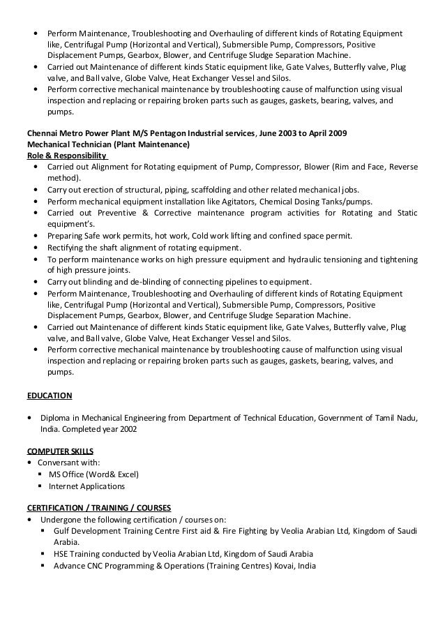 mechanical technician cv resume for mechanical technician
