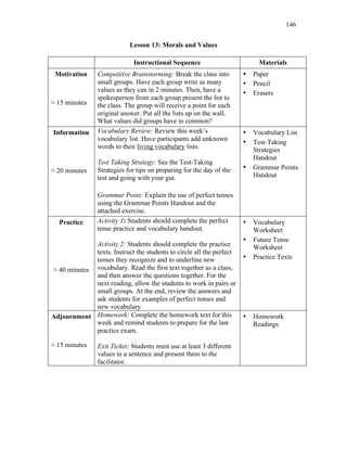 146
Lesson 13: Morals and Values
Instructional Sequence Materials
Motivation
≈ 15 minutes
Competitive Brainstorming: Break the class into
small groups. Have each group write as many
values as they can in 2 minutes. Then, have a
spokesperson from each group present the list to
the class. The group will receive a point for each
original answer. Put all the lists up on the wall.
What values did groups have in common?
• Paper
• Pencil
• Erasers
Information
≈ 20 minutes
Vocabulary Review: Review this week’s
vocabulary list. Have participants add unknown
words to their living vocabulary lists.
Test Taking Strategy: See the Test-Taking
Strategies for tips on preparing for the day of the
test and going with your gut.
Grammar Point: Explain the use of perfect tenses
using the Grammar Points Handout and the
attached exercise.
• Vocabulary List
• Test-Taking
Strategies
Handout
• Grammar Points
Handout
Practice
≈ 40 minutes
Activity 1: Students should complete the perfect
tense practice and vocabulary handout.
Activity 2: Students should complete the practice
texts. Instruct the students to circle all the perfect
tenses they recognize and to underline new
vocabulary. Read the first text together as a class,
and then answer the questions together. For the
next reading, allow the students to work in pairs or
small groups. At the end, review the answers and
ask students for examples of perfect tenses and
new vocabulary.
• Vocabulary
Worksheet
• Future Tense
Worksheet
• Practice Texts
Adjournment
≈ 15 minutes
Homework: Complete the homework text for this
week and remind students to prepare for the last
practice exam.
Exit Ticket: Students must use at least 3 different
values in a sentence and present them to the
facilitator.
• Homework
Readings
 