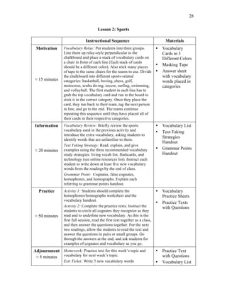 28
Lesson 2: Sports
Instructional Sequence Materials
Motivation
≈ 15 minutes
Vocabulary Relay: Put students into three groups.
Line them up relay-style perpendicular to the
chalkboard and place a stack of vocabulary cards on
a chair in front of each line (Each stack of cards
should be a different color). Also stick many pieces
of tape to the same chairs for the teams to use. Divide
the chalkboard into different sports-related
categories: basketball, boxing, chess, golf,
motocross, scuba diving, soccer, surfing, swimming,
and volleyball. The first student in each line has to
grab the top vocabulary card and run to the board to
stick it in the correct category. Once they place the
card, they run back to their team, tag the next person
in line, and go to the end. The teams continue
repeating this sequence until they have placed all of
their cards in their respective categories.
• Vocabulary
Cards in 3
Different Colors
• Masking Tape
• Answer sheet
with vocabulary
words placed in
categories
Information
≈ 20 minutes
Vocabulary Review: Briefly review the sports
vocabulary used in the previous activity and
introduce the extra vocabulary, asking students to
identify words that are unfamiliar to them.
Test Taking Strategy: Read, explain, and give
examples using the three recommended vocabulary
study strategies: living vocab list, flashcards, and
technology (see online resources list). Instruct each
student to write down at least five new vocabulary
words from the readings by the end of class.
Grammar Point: Cognates, false cognates,
homophones, and homographs. Explain each
referring to grammar points handout.
• Vocabulary List
• Test-Taking
Strategies
Handout
• Grammar Points
Handout
Practice
≈ 50 minutes
Activity 1: Students should complete the
homophones/homographs worksheet and the
vocabulary handout.
Activity 2: Complete the practice texts. Instruct the
students to circle all cognates they recognize as they
read and to underline new vocabulary. As this is the
first full session, read the first text together as a class,
and then answer the questions together. For the next
two readings, allow the students to read the text and
answer the questions in pairs or small groups. Go
through the answers at the end, and ask students for
examples of cognates and vocabulary as you go.
• Vocabulary
Practice Sheets
• Practice Texts
with Questions
Adjournment
≈ 5 minutes
Homework: Practice text for this week’s topic and
vocabulary for next week’s topic.
Exit Ticket: Write 5 new vocabulary words
• Practice Text
with Questions
• Vocabulary List
 
