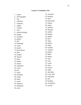 52
Lesson 4: Vocabulary List
1. artisan
2. choreographer
3. clay
4. collection
5. composer
6. copper
7. costume
8. craft
9. cultural heritage
10. display
11. ensemble
12. gallery
13. hall
14. handmade
15. oxcart
16. painter
17. prima donna
18. prize
19. sculptor
20. sponsor
21. stage
22. theater
23. unique
24. watercolor
25. wood
26. key
27. music
28. technique
29. sound
30. made
31. social
32. influence
33. traditional
34. work
35. ceremony
36. painting
37. paint
38. paint brush
39. subject
40. singer
41. perform
42. featured
43. exhibit
44. display
45. gallery
46. gold
47. stage
48. pattern
49. shape
50. sculptor
51. museum
52. palette
53. blend
54. dancer
55. look
56. view
57. create
58. show
59. record
60. make
61. take place
62. every other
63. beginning
64. end
65. building
66. award/prize
67. jewelry
 