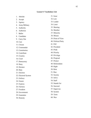 62
Lesson 5: Vocabulary List
1. Abolish
2. Accept
3. Agency
4. Army/Military
5. Authority
6. Authorize
7. Ballot
8. Candidate
9. Carry Out
10. Cast
11. Citizen
12. Commander
13. Constitution
14. Contribute
15. Country
16. Court
17. Democracy
18. Deny
19. Dictator
20. Duty
21. Election
22. Electoral System
23. Enforce
24. Ensure
25. Express
26. Fairness
27. Freedom
28. Government
29. Guarantee
30. Honesty
31. Issue
32. Law
33. Leader
34. Limit
35. Meeting
36. Member
37. Minority
38. Misuse
39. Point of View
40. Political Party
41. Poll
42. President
43. Pride
44. Priority
45. Privilege
46. Proposal
47. Protect
48. Referendum
49. Right
50. Role
51. Run
52. Society
53. Solve
54. Staff
55. Stands For
56. Succeed
57. Supervise
58. System
59. Term
60. War
 