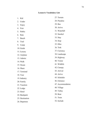 74
Lesson 6: Vocabulary List
1. Kid
2. Under
3. Enjoy
4. Free
5. Public
6. Rate
7. Beach
8. Trail
9. Camp
10. Guide
11. Luxury
12. Airplane
13. Admire
14. Walk
15. Ocean
16. Share
17. Terminal
18. Tour
19. Industry
20. Family
21. Vacation
22. Lodge
23. Hotel
24. Backpack
25. Destination
26. Departure
27. Terrain
28. Paradise
29. Bus
30. Arrive
31. Waterfall
32. Snorkel
33. Stay
34. Stop
35. Hike
36. Trek
37. Currency
38. Landscape
39. Highway
40. Visitor
41. Wildlife
42. Canopy
43. Arrival
44. Arrive
45. Schedule
46. Entrance
47. Accommodation
48. Village
49. Valley
50. Boat
51. Train
52. Include
 
