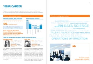 YOUR CAREER
The placement possibilites of graduates spreads among several sectors and job functions.
Do not miss the chance to see where the Master in Business Analytics and Big Data can take you!
Career statistics of graduates
Regina Berengolts Nicky Sarof
“The Master in Business Analytics and
Big Data has definitely helped to prepare
me for my current role as a Data Scientist.
While the most practical and useful learning
I gained were the coding capabilities, I also
developed a much more crucial understanding
of what kind of skills, languages, and mindsets
are required in order to be successful
in a data-driven company and how to
obtain them.”
• Now: Lead Data Scientist
at Clear Returns Glasgow,
United Kingdom
• Nationality: Canadian
• Background: Strategic
marketing
“I currently work as a Consultant at Accenture
specializing in Advanced Analytics. I believe
my experience at IE was pivotal in helping me
get to where I am today. The course covered
a broad range of topics which helped me
understand and focus on how I wanted to
position myself for career growth. There were
lots of opportunities to network with leading
professionals in the industry which not only
helped me during my job search but will also
continue to be a great asset as I progress.”
• Now: Advanced Analytics
Consultant at Accenture
Madrid, Spain
• Nationality: Indian
• Background: IT, Business
Analyst
Students Working90%
Situation 3 months after graduation
These are just some of the exciting career tracks of our alumni
OTHER
TECHNOLOGY
MANUFACTURING
CONSULTING
HEALTHCARE
MEDIA&
ENTERT.
6%
12% 11%
22%
17%
39%
Employment by Industry
63% of international mobility
among our students.
Some Employers: Accenture,
Amazon, BBVA, CA Technologies,
Deloitte, EY, IBM, Infosys, McKinsey,
P&G, Telefonica, among others.
/ 17
A world of exciting opportunities
BUSINESS INTELLIGENCECLOUD COMPUTING
CUSTOMER ANALYTICS
RISK ANALYTICS
FRAUD
DETECTION
CUSTOMER INSIGHT
SOCIAL MEDIA ANALYTICS
MARKETING INTELLIGENCE
DATA MODELING
DATA SCIENCE
BUSINESS CONSULTING
TALENT ANALYTICS WEB ANALYTICS
OPERATIONS OPTIMIZATION
You can’t manage
what you don’t measure.
 