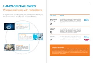 HANDS-ON CHALLENGES
Practical experience, with real problems
During the master you will engage in three intense projects that will give
you hands-on training working directly with industry experts.
001 0000010100101011 000101 001 0
000010100101011000101001000001
010010101100010100100000101001
0101100010100100000101001
3. Delivering
You deliver results and receive
feedback from experts to hone
your Big Data and Business
Analytics skills.
1. Analyzing
Companies present real life
cases and business problems
to you and your team.
2. Executing
You and your team apply
Business Analytics and Big Data
knowledge to ﬁnd solutions and
propose recommendations.
/ 11
CHALLENGE MISSION
IBM Watson
Challenge
Datathon
Big Data
Startup
Your team will be presented with a real world business
situation by IBM. You will work fast to develop a
data-driventoolortechnologytoimprovetheirbusiness
performance.
Four clients will provide your team with real data sets.
You will apply your analytics and Big Data skills to
uncover actionable insights and drive innovation.
In this challenge, your team integrates the knowledge
and skills you have learned from the three program
modules. You will develop and propose a Big Data
application or idea and transform it into a plan for a
start-up business or an innovation initiative.
Exposure Workshops
In addition to courses and Hands-on Challenges, you will participate in a series of
workshops designed to expose you to the latest trends and emerging ideas, tools,
technologies and business issues. Some examples of topics covered are Ethics
and Privacy in Big Data, Statistical Tools SPSS, Interviewing Skills and Careers and
Entrepreneurship, among others.
 