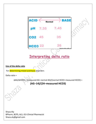 Shaza Aly
BPharm, BCPS, ALS, ICU Clinical Pharmacist
Shaza.aly@gmail.com
Interpreting delta ratio
Use of the delta ratio
For determining mixed acid-base disorders
Delta ratio =
ΔAG/ΔHCO3 = (measured AG−normal AG)/(normal HCO3−measured HCO3) =
(AG−14)/(24−measured HCO3)
 