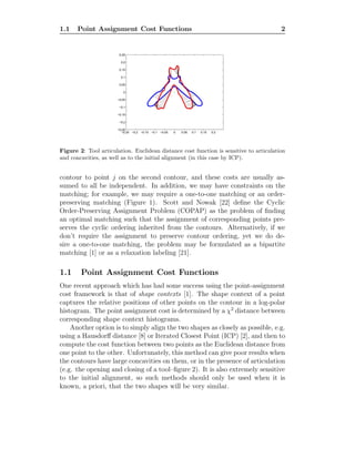 1.1 Point Assignment Cost Functions 2
−0.25 −0.2 −0.15 −0.1 −0.05 0 0.05 0.1 0.15 0.2
−0.25
−0.2
−0.15
−0.1
−0.05
0
0.05
0.1
0.15
0.2
0.25
Figure 2: Tool articulation. Euclidean distance cost function is sensitive to articulation
and concavities, as well as to the initial alignment (in this case by ICP).
contour to point j on the second contour, and these costs are usually as-
sumed to all be independent. In addition, we may have constraints on the
matching; for example, we may require a one-to-one matching or an order-
preserving matching (Figure 1). Scott and Nowak [22] deﬁne the Cyclic
Order-Preserving Assignment Problem (COPAP) as the problem of ﬁnding
an optimal matching such that the assignment of corresponding points pre-
serves the cyclic ordering inherited from the contours. Alternatively, if we
don’t require the assignment to preserve contour ordering, yet we do de-
sire a one-to-one matching, the problem may be formulated as a bipartite
matching [1] or as a relaxation labeling [21].
1.1 Point Assignment Cost Functions
One recent approach which has had some success using the point-assignment
cost framework is that of shape contexts [1]. The shape context of a point
captures the relative positions of other points on the contour in a log-polar
histogram. The point assignment cost is determined by a χ2
distance between
corresponding shape context histograms.
Another option is to simply align the two shapes as closely as possible, e.g.
using a Hausdorﬀ distance [8] or Iterated Closest Point (ICP) [2], and then to
compute the cost function between two points as the Euclidean distance from
one point to the other. Unfortunately, this method can give poor results when
the contours have large concavities on them, or in the presence of articulation
(e.g. the opening and closing of a tool–ﬁgure 2). It is also extremely sensitive
to the initial alignment, so such methods should only be used when it is
known, a priori, that the two shapes will be very similar.
 