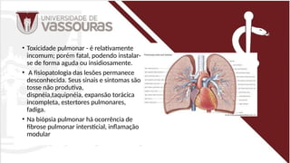 • Toxicidade pulmonar - é relativamente
incomum; porém fatal, podendo instalar-
se de forma aguda ou insidiosamente.
• A fisiopatologia das lesões permanece
desconhecida. Seus sinais e sintomas são
tosse não produtiva,
dispnéia,taquipnéia, expansão torácica
incompleta, estertores pulmonares,
fadiga.
• Na biópsia pulmonar há ocorrência de
fibrose pulmonar intersticial, inflamação
modular
 