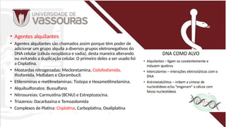 • Agentes alquilantes
• Agentes alquilantes são chamados assim porque têm poder de
adicionar um grupo alquila a diversos grupos eletronegativos do
DNA celular (célula neoplásica e sadia), desta maneira alterando
ou evitando a duplicação celular. O primeiro deles a ser usado foi
a Cisplatina.
• Mostardas nitrogenadas: Mecloretamina, Ciclofosfamida,
Ifosfamida, Melfalam e Clorambucil.
• Etileniminas e metilmelaminas: Tiotepa e Hexametilmelamina.
• Alquilsulfonatos: Bussulfano
• Nitrosureias: Carmustina (BCNU) e Estreptozocina.
• Triazenos: Dacarbazina e Temozolomida
• Complexos de Platina: Cisplatina, Carboplatina, Oxaliplatina
 