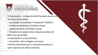 5-Fluorouracila – Análogo de dUMP também atua na via
de síntese de timidilato
– Convertido à Nucleotídeo “fraudulento” FdUMP à
– Inibidor competitivo da timidilato sintase
– Ligação covalente a timidilato sintase
– Mecanismo de ação envolve redução da síntese de
DNA, mas não de RNA
• Capecitabina é um pro-fármaco
– Convertido a 5FU no fígado e no tumor
• Enzima importante para a conversão encontra-se
super-expressa nas células tumorais
 