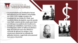 • As propriedades da Vimblastina foram
descobertas por Dr. Robert Laing Noble
em 1952. O Dr. Noble recebeu um
envelope de seu irmão Dr. Clark, que
continha folhas da espécie, que de acordo
com Clark, estaria sendo usado para fazer
um chá que na ausência de insulina era
tomado por diabéticos. Isso levou a uma
investigações sobre as folhas da planta e
logo descobriram que não afetava o
controle de glicose no sangue, mas
mostraram potencial na redução de
glóbulos brancos, sugerindo uma possível
cura para a leucemia
 