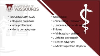 • TUBULINA COM ALVO
• • Bloqueio na mitose
• • Inibe proliferação
• • Morte por apoptose
• Uso clínico:
• • Vincristina – Oncovin®
• , Leucemia, tumor de wilms e
• linfoma
• • Vinblastina - Velban®
• , Linfoma de Hodgkin
• • Efeitos adversos:
• • Mielossupressão alopecia
 