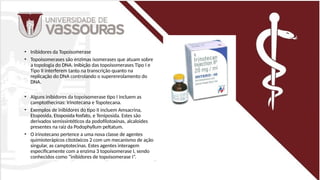 • Inibidores da Topoisomerase
• Topoisomerases são enzimas isomerases que atuam sobre
a topologia do DNA. Inibição das topoisomerases Tipo I e
Tipo II interferem tanto na transcrição quanto na
replicação do DNA controlando o superenrolamento do
DNA.
• Alguns inibidores da topoisomerase tipo I incluem as
camptothecinas: Irinotecana e Topotecana.
• Exemplos de inibidores do tipo II incluem Amsacrina,
Etoposida, Etoposida fosfato, e Teniposida. Estes são
derivados semissintéticos da podofilotoxinas, alcaloides
presentes na raiz da Podophyllum peltatum.
• O irinotecano pertence a uma nova classe de agentes
quimioterápicos citotóxicos 2 com um mecanismo de ação
singular, as camptotecinas. Estes agentes interagem
especificamente com a enzima 3 topoisomerase I, sendo
conhecidos como “inibidores de topoisomerase I”.
 