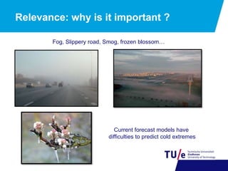 Relevance: why is it important ?
Fog, Slippery road, Smog, frozen blossom…
Current forecast models have
difficulties to predict cold extremes
 