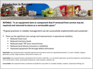 Introduction to Rotables
ROTABLE: “Is an equipment item or component that if removed from service may be
repaired and returned to stores as a serviceable spare.”
“If good practices in rotable management can be successfully implemented and sustained :
 There can be significant cost savings and improvements in operational reliability:
 Reduced stock-outs
 Reduced inventory levels
 Reduced repair TAT (turn around time)
 Reduced early failures (increase in reliability)
 Improved equipment life through defect elimination
Repairable: Any component that is typically repaired and returned to service as repaired/overhauled or "as new" conditon. Engines,
generators, pumps, large actuators, many electric motors, etc.
Expendable: Any component that is discarded at the end of its useful life, i.e is not worth repairing or cannot be repaired or overhauled due
to it's construction. Hoses, some brake components, small actuators, switches, etc.
Consumable: Any component that is rendered unsuitable for reuse when it's installed. Gaskets, sealants, compression fittings, etc.
 