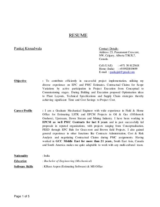 sr cost estimator resume july 2016 pankaj kisnadwala estimator resume