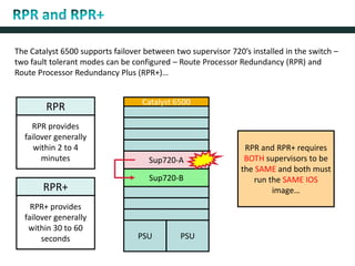 The Catalyst 6500 supports failover between two supervisor 720’s installed in the switch –
two fault tolerant modes can be configured – Route Processor Redundancy (RPR) and
Route Processor Redundancy Plus (RPR+)…
Sup720-A
Sup720-B
RPR
RPR+
RPR+ provides
failover generally
within 30 to 60
seconds
RPR provides
failover generally
within 2 to 4
minutes
PSU PSU
Catalyst 6500
RPR and RPR+ requires
BOTH supervisors to be
the SAME and both must
run the SAME IOS
image…
 