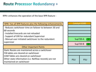 RPR+ enhances the operation of the base RPR feature -
Sup720-B
Sup720-A
PSU PSU
Catalyst 6500RPR+ has all RPR features plus the following enhancements
- Reduces switchover time on failover to between 30 and
60 seconds
- Installed linecards are not reloaded
- Support of OIR for redundant Supervisor
- Manual user initiated switchover to the redundant
supervisor
Static Routes are maintained across a switchover
FIB tables are cleared on switchover
CAM Tables are cleared on switchover
Other state information (i.e. Netflow records) are not
maintained on switchover
Other Important Points
 