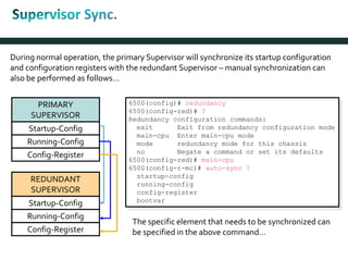 During normal operation, the primary Supervisor will synchronize its startup configuration
and configuration registers with the redundant Supervisor – manual synchronization can
also be performed as follows…
PRIMARY
SUPERVISOR
REDUNDANT
SUPERVISOR
6500(config)# redundancy
6500(config-red)# ?
Redundancy configuration commands:
exit Exit from redundancy configuration mode
main-cpu Enter main-cpu mode
mode redundancy mode for this chassis
no Negate a command or set its defaults
6500(config-red)# main-cpu
6500(config-r-mc)# auto-sync ?
startup-config
running-config
config-register
bootvar
Startup-Config
Running-Config
Config-Register
Startup-Config
Running-Config
Config-Register
The specific element that needs to be synchronized can
be specified in the above command…
 