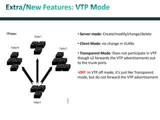 • Server mode: Create/modify/change/delete
• Client Mode: no change in VLANs
• Transparent Mode: Does not participate in VTP
though v2 forwards the VTP advertisements out
to the trunk ports
•OFF: In VTP off mode, it’s just like Transparent
mode, but do not forward the VTP advertisement
 