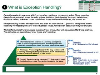 36
What is Exception Handling?
Exceptions refer to any error which occur when reading or processing a data file or mapping.
Examples of potential errors include, but are limited to the following: Incorrect data format,
duplicate values, unknown codes not defined in the business dictionaries, file issues, etc.
Exceptions may lead to data rejections and even an abort of an ETL process. Exceptions will be
capturing for reporting in order to conduct root cause, remediation options and impact analysis.
While informational / warnings are technically not errors, they will be captured for trend analysis.
The following are examples of error types, and reporting.
Warnings: Processing of record / file may continue with
a warning message but require attention. Look into the root
cause to determine whether to take action.
Informational: Not an error or a warning (acceptable
data) or processing conditions that do not impact output.
This is an informational event; no action needs to be taken.
2000
1000
1009 – SIN is non-numeric or < 9
Examples:
1010 – Active record fell off feed
Examples:
Critical: Exceptions that cause an ETL interface to abort
or violate business rules. Take action to resolve the issue.
3000
2010 – Input value is not unique
4014 – Record already exists
File Validation Errors
Examples:
2
 