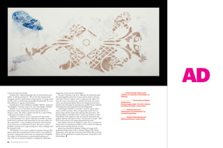 60 PEOLWANE MARCH 2015
variety of scenes was created.
‘Another Year’ reflected paintings that are both personal and
public. As Jobson pointed out: “We see the idea of generations
changing, and the transformation of perceptions, to a large extent
socially, and to a small extent, personally and politically. So, I see
this collection as vaguely social realism.”
Notable pieces in the exhibition included: ‘Behold’, ‘Etiquette’,
‘The Populist’, ‘Putting a Cap on It’, and ‘Schrodinger’s Shadow’.
‘Behold’ is a 20×29 centimetre watercolour and enamel
self-portrait whose composition, theme and title all hint of
things to come. The subject, Jobson himself, has a sage-looking
countenance that hints at wisdom.
‘Etiquette’ is a massive 101×127 centimetre oil and enamel
on canvas painting. It is a riotous depiction of conflict on many
levels; there is personal strife represented by the main subject of
the composition – a man wielding a beer bottle and screaming
at the viewer over an elaborately set meal. The man is eyeless,
probably a portrait of an ‘angry young man’ who is unhappy with
his situation in life.
‘The Populist’ is very much a political statement that provokes
debate about the contradictions of most nations’ socio-political
situations. Utilising the Union Jack, the image hints at England.
The subject of this painting is a commanding looking man,
who, if he was an election candidate, would garner substantial
supporters, for he cuts an erudite figure.
The piece ‘Putting a Cap on It’ addresses the perennial social
ills and inequalities prevalent in most nations, both in the past
and today. However, Jobson seems to approach the subject not
from the usual ‘rant and lecture’ method. He hooks the viewer
with a succulent giant lobster dish in the foreground and draws
him/her into discussion by panning over squalid living conditions
stretching from the foreground into the background.
‘Schrodinger’s Shadow’ is a teacher’s word of caution about
today’s youth’s pastimes. Many young people would want to
spend a large chunk of their time playing with electronics. The
painting depicts a handful of boys ‘wired’ and ‘hooked’ to their
hand phones and computers; they are intensely focused on the
gadgets, playing video games of sort. The question is raised – Will
these couch potatoes ever propel humankind forward?
Steve Jobson was born in England in 1960. He is currently the
Head of the Art Department at Maru-a-Pula School in Gaborone,
and has been teaching there for 16 years.
Jobson was educated at Medway College of Design (UK),
Sunderland Polytechnic (UK), Croydon College (UK), Briton
Polytechnic (UK) and the University of the North West in South
Africa. He has exhibited in London, Botswana, South Africa and
Mozambique. P
AD
above: In this painting, Jobson uses
subtlety to comment on bad habits, i.e.
littering.
previous page, left: ‘The Creation of Adam’,
watercolour.
Previous page, right: ‘You Can’t Always
Get What You Want’, watercolour.
page 56: ‘Putting a Cap on It’,
watercolour, is a commentary on
societal inequalities.
page 57: ‘Chicken Tikka Masala and
Shattered Dreams’, watercolour.
 