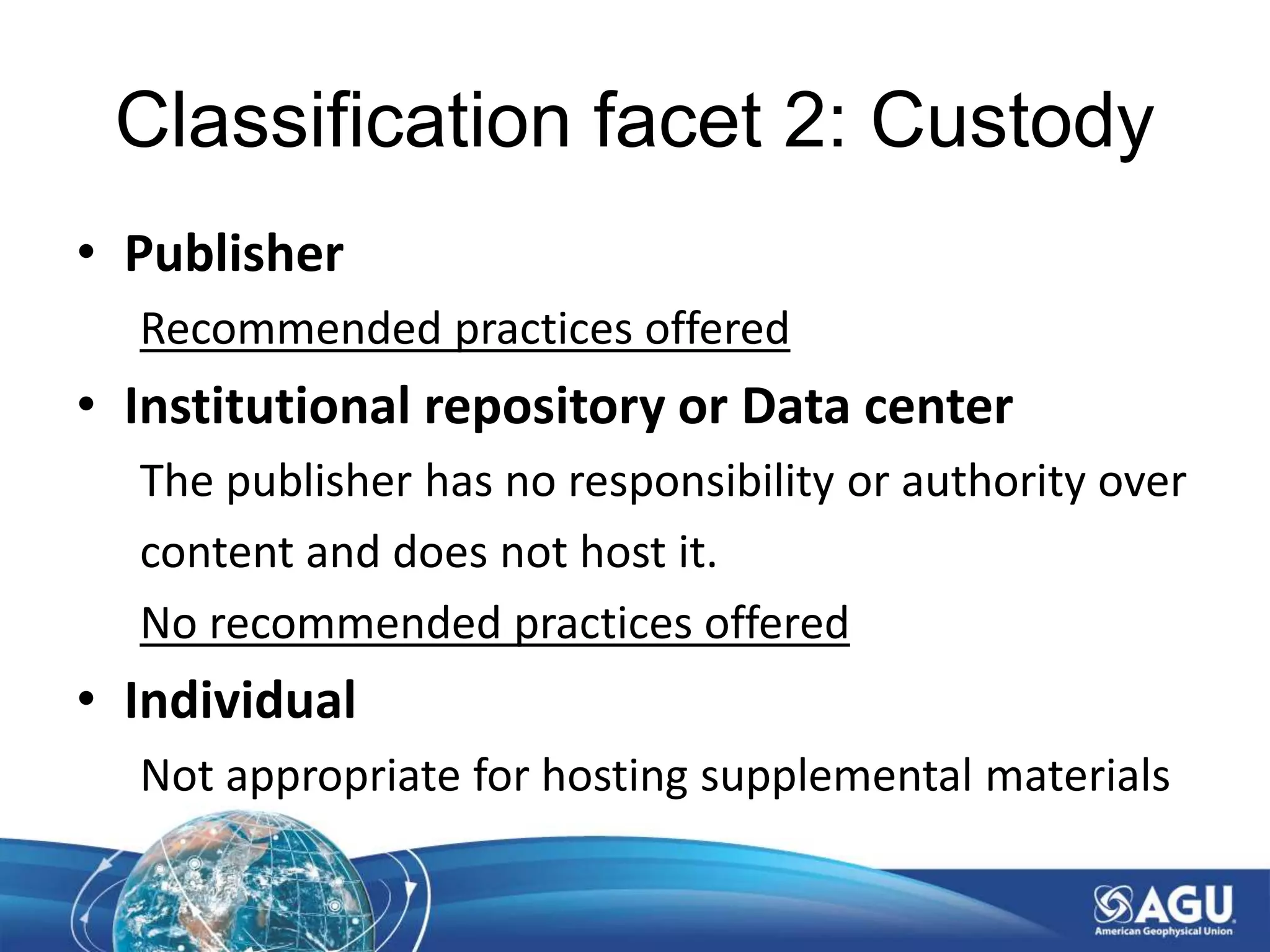 Classification facet 2: Custody
• Publisher
Recommended practices offered
• Institutional repository or Data center
The publisher has no responsibility or authority over
content and does not host it.
No recommended practices offered
• Individual
Not appropriate for hosting supplemental materials
 