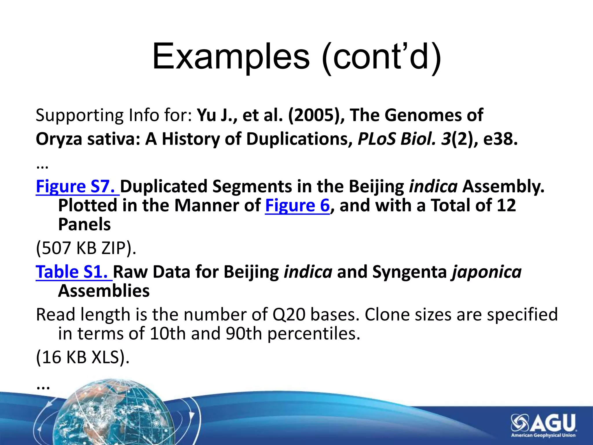 Examples (cont’d)
Supporting Info for: Yu J., et al. (2005), The Genomes of
Oryza sativa: A History of Duplications, PLoS Biol. 3(2), e38.
…
Figure S7. Duplicated Segments in the Beijing indica Assembly.
Plotted in the Manner of Figure 6, and with a Total of 12
Panels
(507 KB ZIP).
Table S1. Raw Data for Beijing indica and Syngenta japonica
Assemblies
Read length is the number of Q20 bases. Clone sizes are specified
in terms of 10th and 90th percentiles.
(16 KB XLS).
…
 