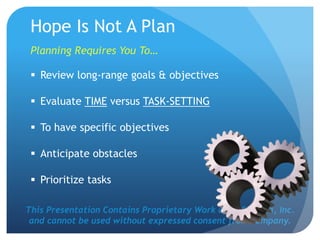 This Presentation Contains Proprietary Work of NRS Media, Inc.
and cannot be used without expressed consent from company.
Hope Is Not A Plan
Planning Requires You To…
 Review long-range goals & objectives
 Evaluate TIME versus TASK-SETTING
 To have specific objectives
 Anticipate obstacles
 Prioritize tasks
 