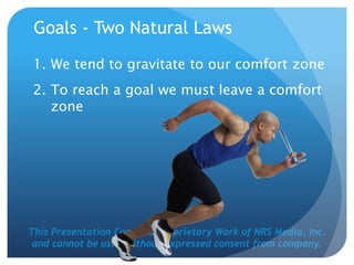 This Presentation Contains Proprietary Work of NRS Media, Inc.
and cannot be used without expressed consent from company.
Goals - Two Natural Laws
1. We tend to gravitate to our comfort zone
2. To reach a goal we must leave a comfort
zone
 